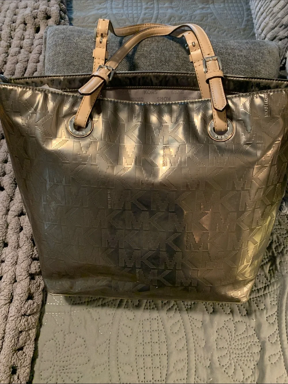 Michael Kors Metallic Logo Tote with Tan Handles